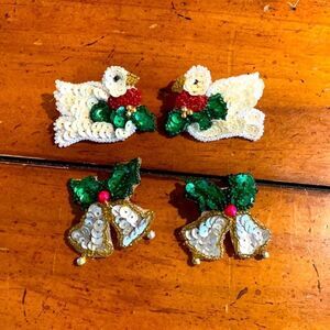 Set of 2 Pair of Christmas Beaded Sequined Earrings Turtle Doves & Bells